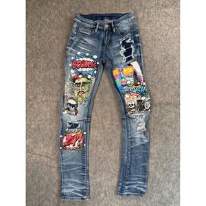 Custom Pop Art Graphic Jeans Mens 27 Blue Denim Distressed Comic Streetwear Y2K